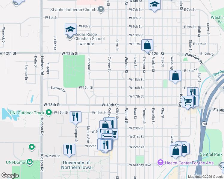 map of restaurants, bars, coffee shops, grocery stores, and more near 1616 College Street in Cedar Falls