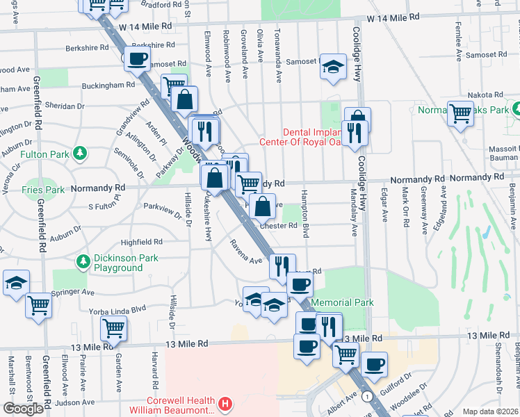 map of restaurants, bars, coffee shops, grocery stores, and more near 3622 Chester Road in Royal Oak