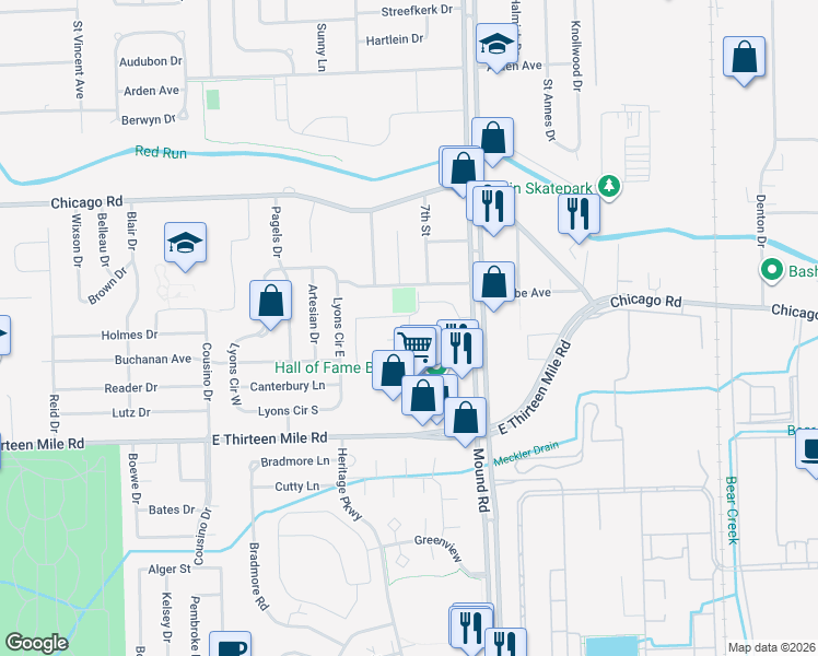 map of restaurants, bars, coffee shops, grocery stores, and more near 31499 Mound Road in Warren