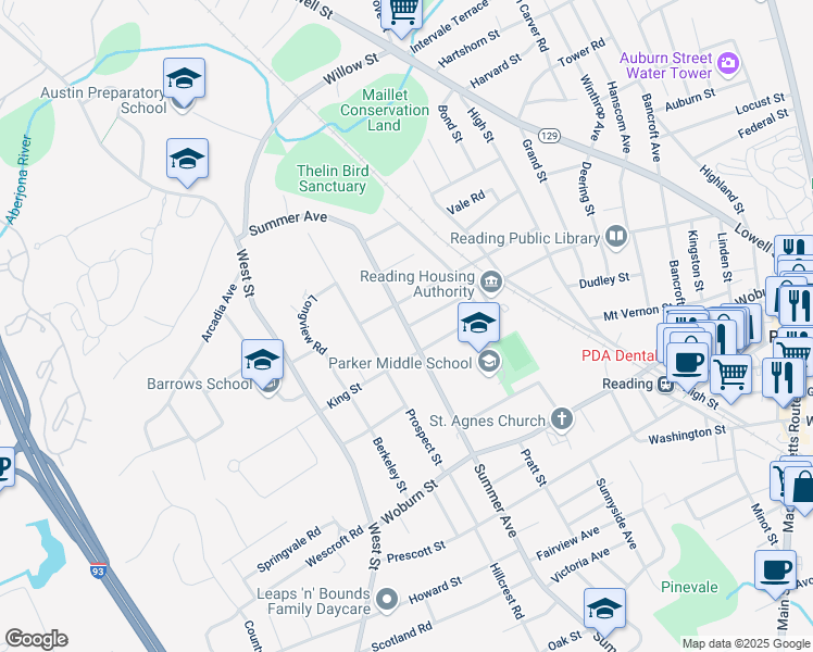 map of restaurants, bars, coffee shops, grocery stores, and more near 141 Summer Avenue in Reading