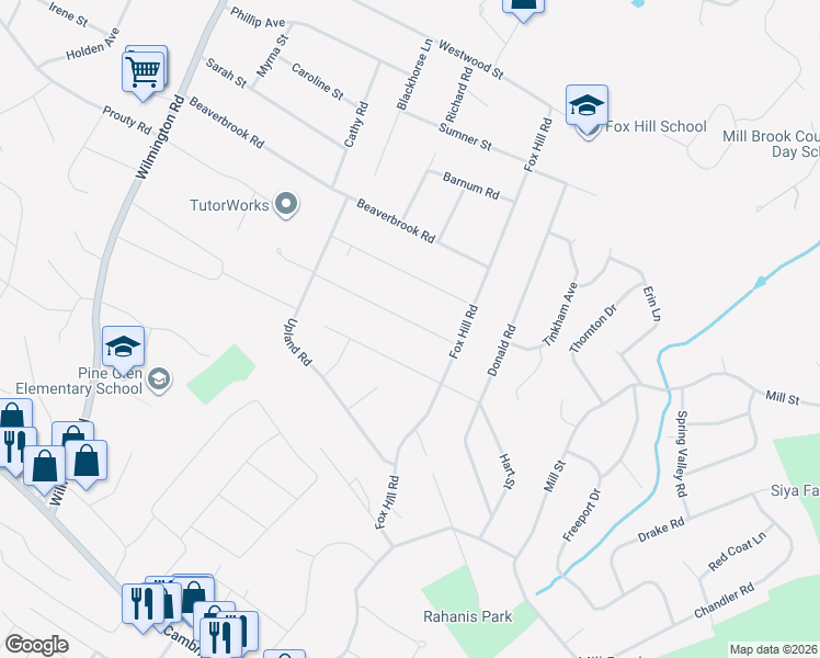 map of restaurants, bars, coffee shops, grocery stores, and more near 25 Rocky Hill Road in Burlington