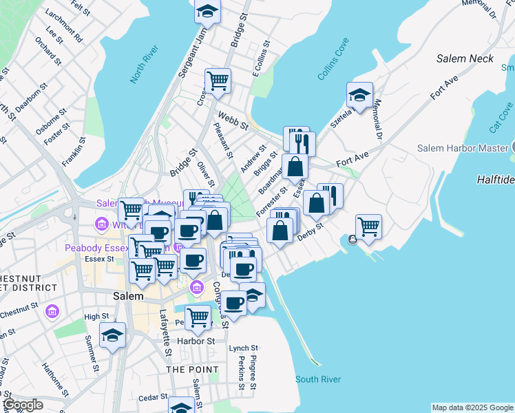 map of restaurants, bars, coffee shops, grocery stores, and more near 2 Forrester Street in Salem