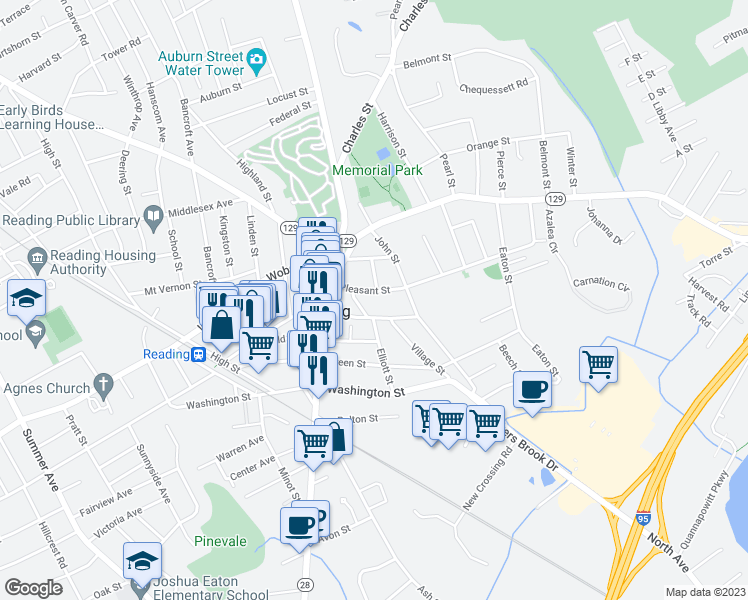 map of restaurants, bars, coffee shops, grocery stores, and more near 17 Parker Street in Reading