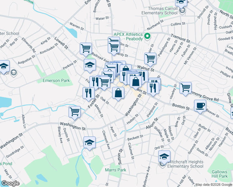 map of restaurants, bars, coffee shops, grocery stores, and more near 6 Elliott Place in Peabody