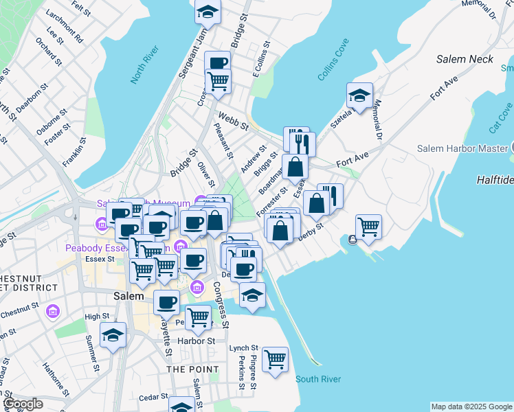map of restaurants, bars, coffee shops, grocery stores, and more near 2 Forrester Street in Salem