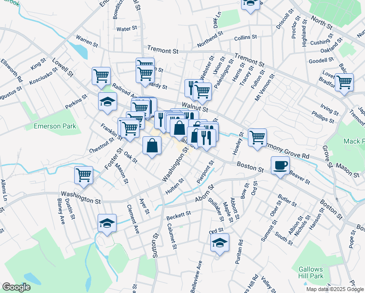 map of restaurants, bars, coffee shops, grocery stores, and more near 17R Washington Street in Peabody