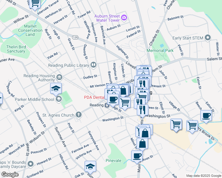 map of restaurants, bars, coffee shops, grocery stores, and more near 85 Woburn Street in Reading