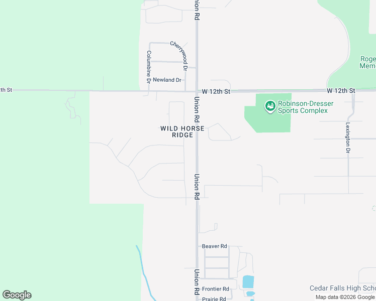 map of restaurants, bars, coffee shops, grocery stores, and more near Rocky Ridge Road in Cedar Falls