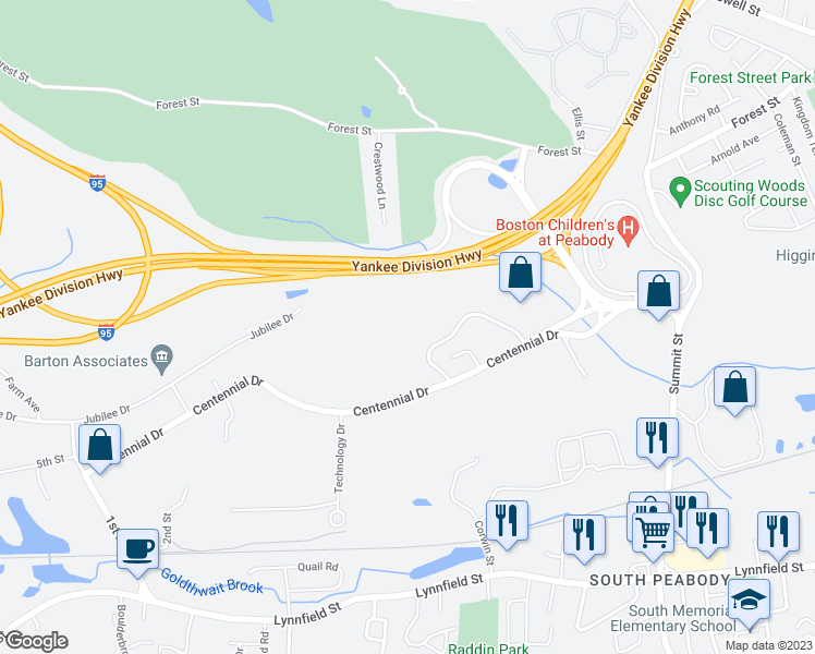map of restaurants, bars, coffee shops, grocery stores, and more near 8 Centennial Drive in Peabody