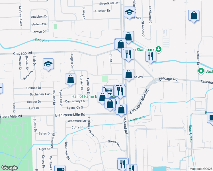 map of restaurants, bars, coffee shops, grocery stores, and more near 31343 Mound Road in Warren