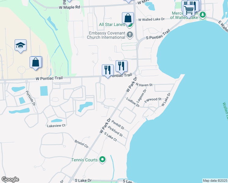 map of restaurants, bars, coffee shops, grocery stores, and more near 45182 West Park Drive in Novi