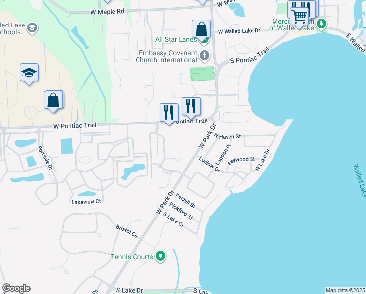 map of restaurants, bars, coffee shops, grocery stores, and more near 45182 West Park Drive in Novi