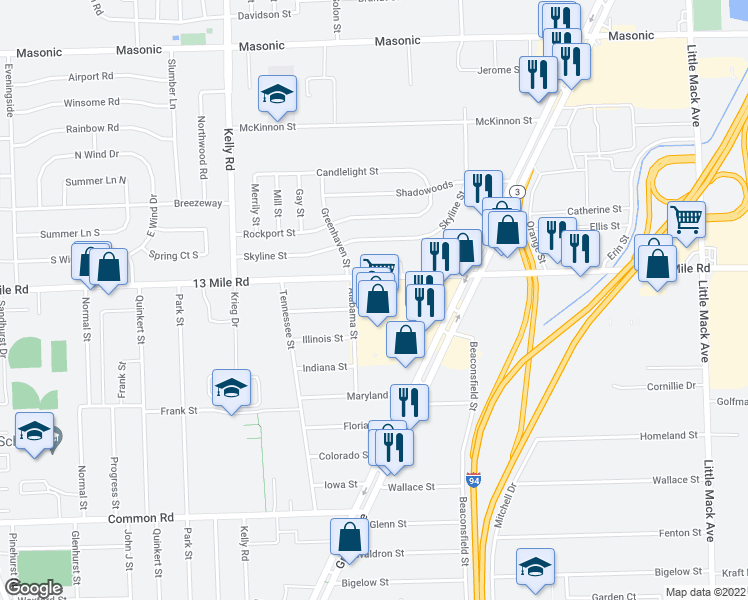 map of restaurants, bars, coffee shops, grocery stores, and more near 30851 Gratiot Avenue in Roseville