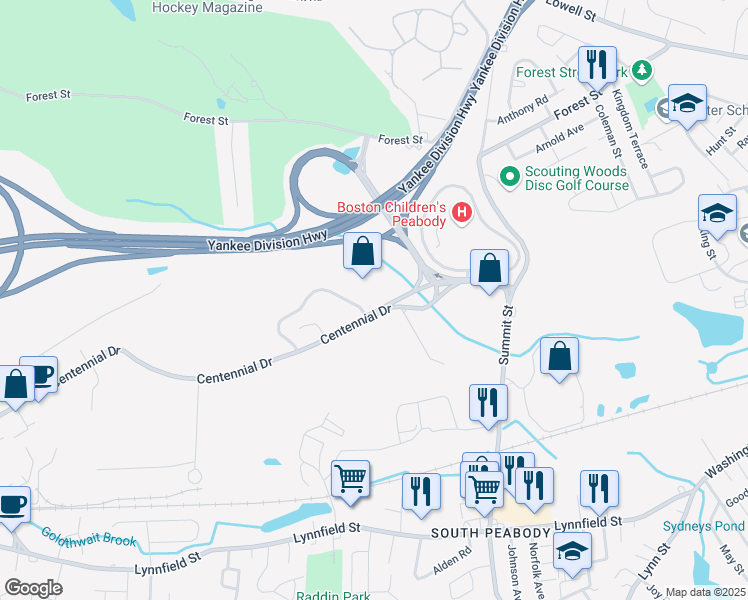 map of restaurants, bars, coffee shops, grocery stores, and more near 8 Centennial Drive in Peabody