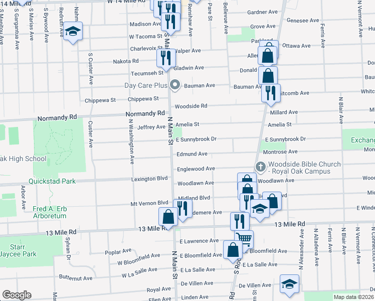 map of restaurants, bars, coffee shops, grocery stores, and more near 3818 North Main Street in Royal Oak