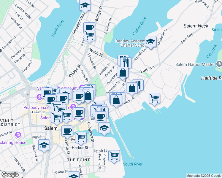 map of restaurants, bars, coffee shops, grocery stores, and more near 13 Forrester Street in Salem