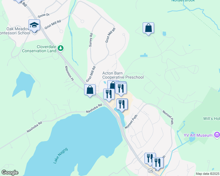 map of restaurants, bars, coffee shops, grocery stores, and more near 32 Nagog Park in Acton
