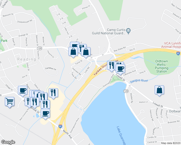 map of restaurants, bars, coffee shops, grocery stores, and more near 18 Line Road in Wakefield