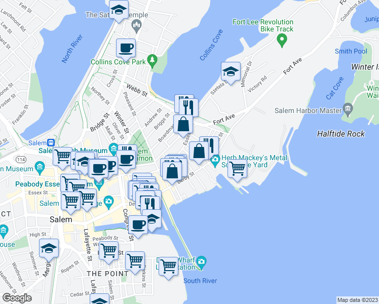 map of restaurants, bars, coffee shops, grocery stores, and more near 9 Carlton Street in Salem