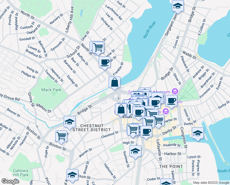 map of restaurants, bars, coffee shops, grocery stores, and more near 242 Bridge Street in Salem