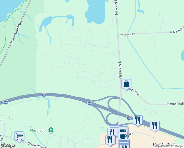 map of restaurants, bars, coffee shops, grocery stores, and more near 4380 Milford Road in Milford Charter Township