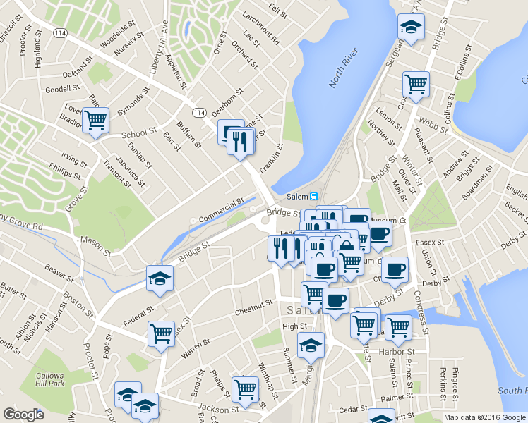 map of restaurants, bars, coffee shops, grocery stores, and more near 280 Bridge Street in Salem