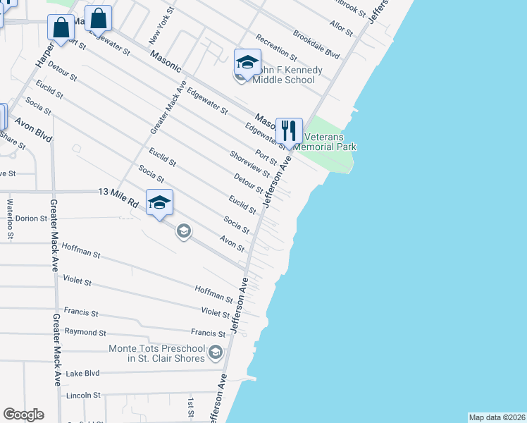 map of restaurants, bars, coffee shops, grocery stores, and more near in St. Clair Shores