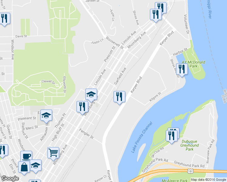 map of restaurants, bars, coffee shops, grocery stores, and more near 1680 Garfield Avenue in Dubuque