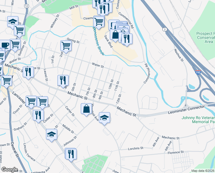 map of restaurants, bars, coffee shops, grocery stores, and more near 162 10th Street in Leominster