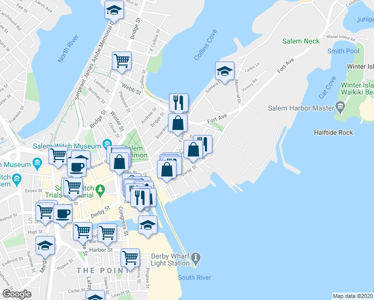 map of restaurants, bars, coffee shops, grocery stores, and more near 23 Carlton Street in Salem