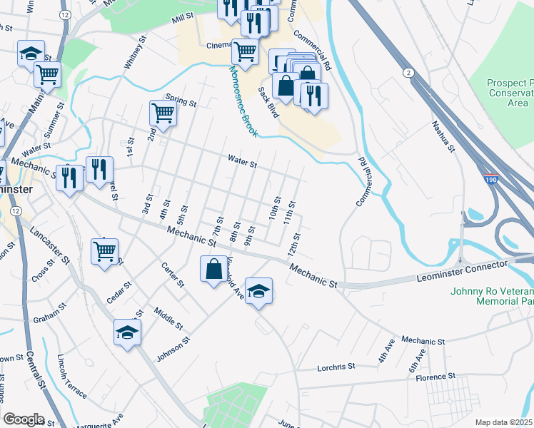 map of restaurants, bars, coffee shops, grocery stores, and more near 162 10th Street in Leominster