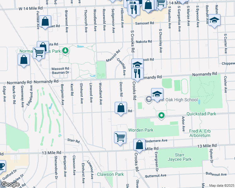 map of restaurants, bars, coffee shops, grocery stores, and more near 3905 Devon Road in Royal Oak