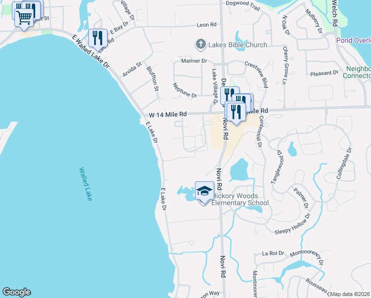 map of restaurants, bars, coffee shops, grocery stores, and more near 41555 West 12 Mile Road in Novi