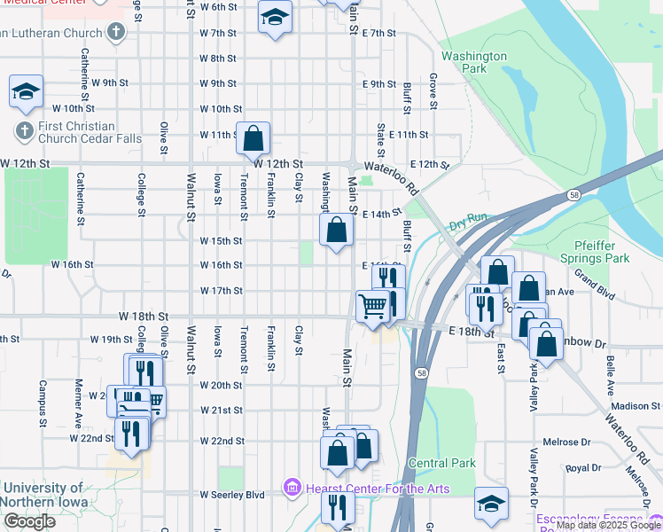 map of restaurants, bars, coffee shops, grocery stores, and more near 1616-1618 Washington Street in Cedar Falls