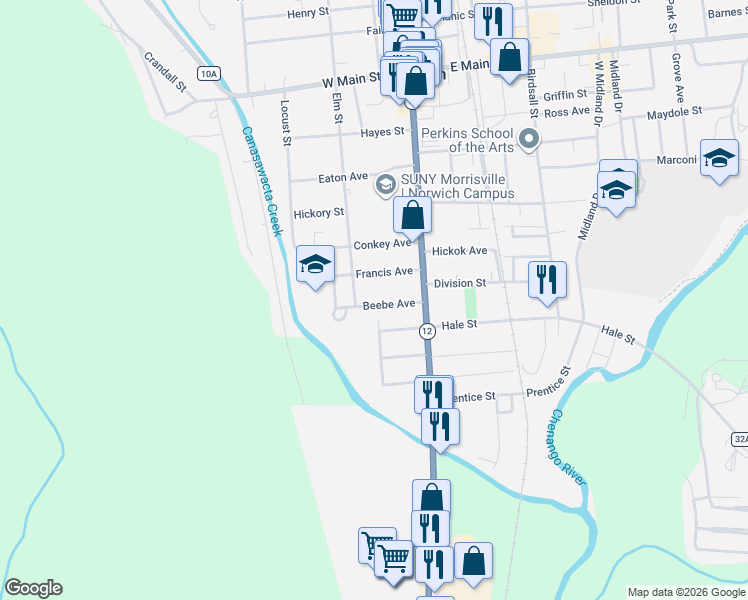 map of restaurants, bars, coffee shops, grocery stores, and more near 20 Beebe Avenue in Norwich