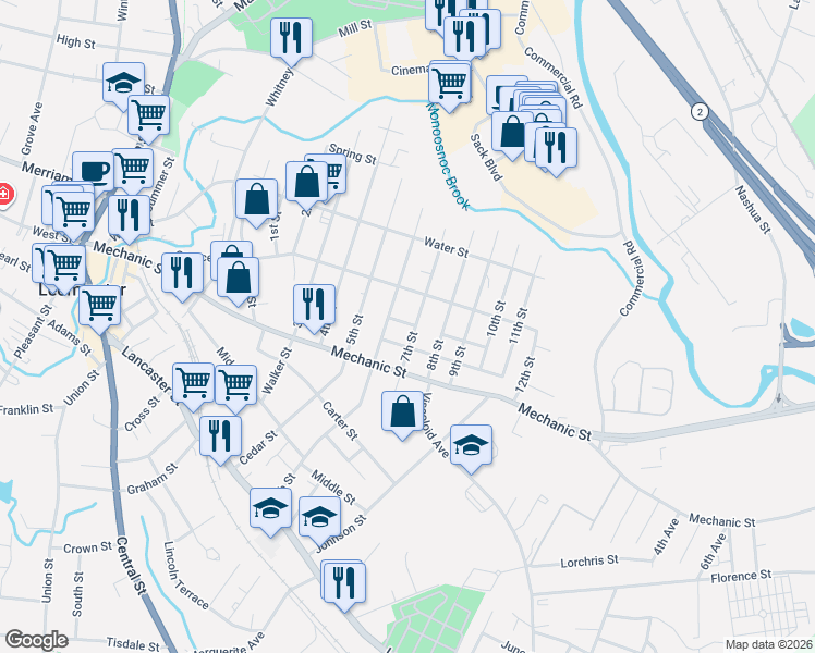 map of restaurants, bars, coffee shops, grocery stores, and more near 170 7th Street in Leominster