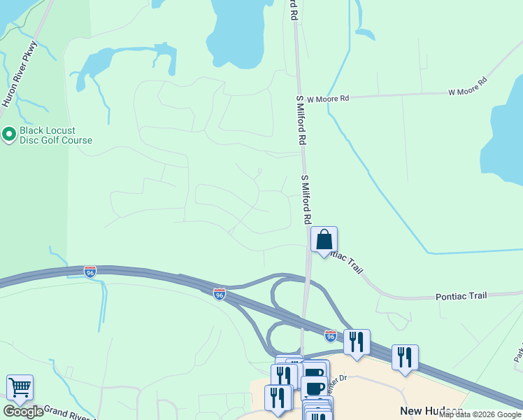 map of restaurants, bars, coffee shops, grocery stores, and more near 4380 South Milford Road in Milford Charter Township