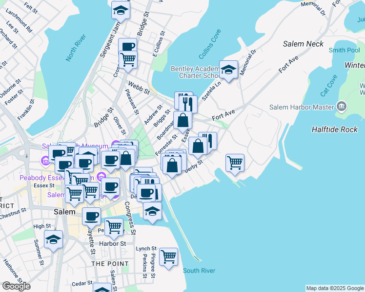 map of restaurants, bars, coffee shops, grocery stores, and more near 33 Essex Street in Salem
