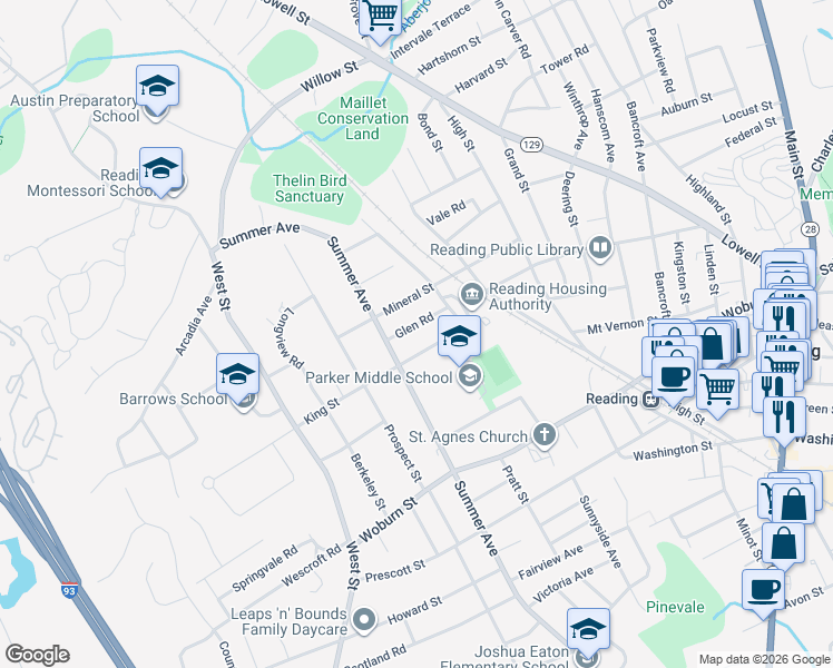 map of restaurants, bars, coffee shops, grocery stores, and more near 152 Summer Avenue in Reading