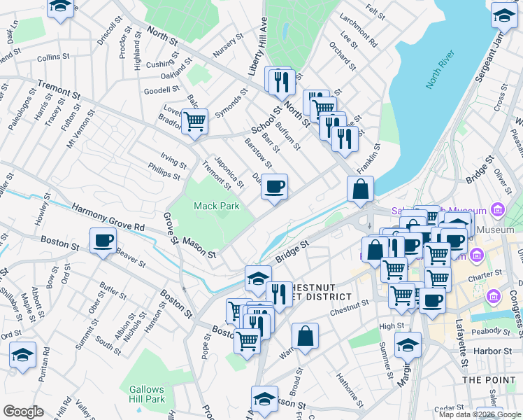 map of restaurants, bars, coffee shops, grocery stores, and more near 53-59 Mason Street in Salem