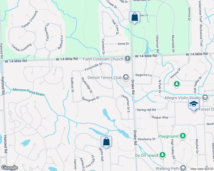 map of restaurants, bars, coffee shops, grocery stores, and more near 31031 Berryhill Street in Farmington Hills