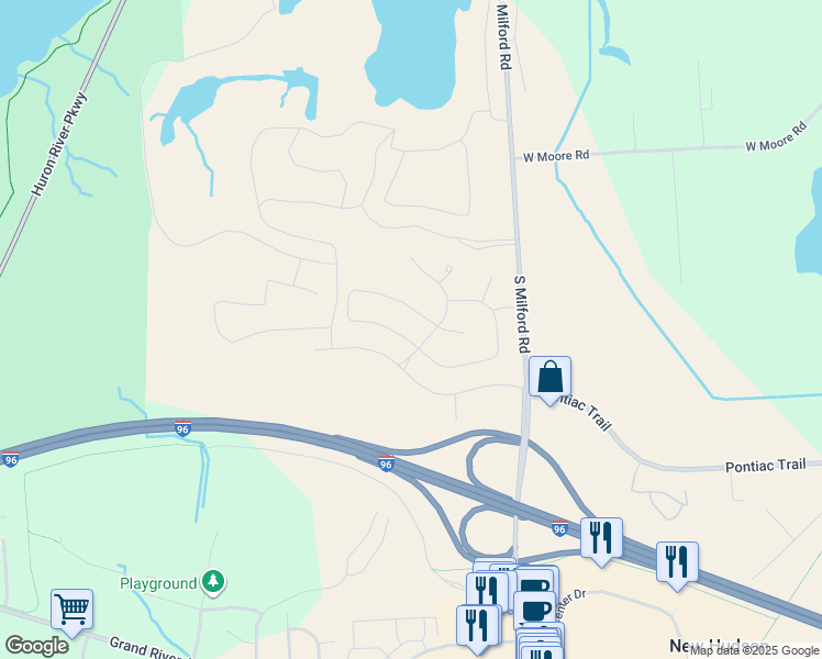 map of restaurants, bars, coffee shops, grocery stores, and more near 4380 Milford Road in Milford Charter Township