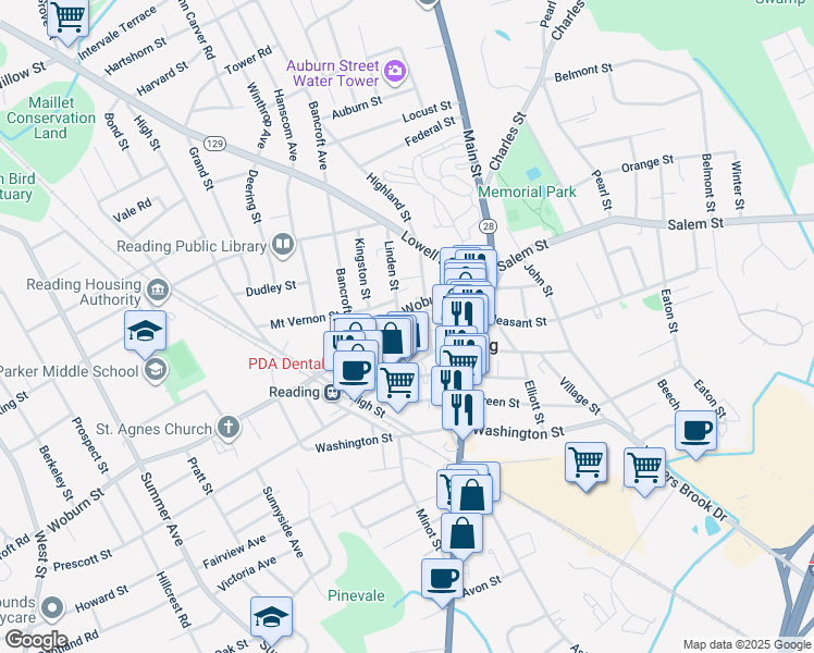 map of restaurants, bars, coffee shops, grocery stores, and more near 25 Linden Street in Reading