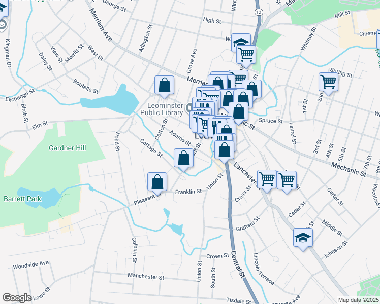 map of restaurants, bars, coffee shops, grocery stores, and more near 70 Pleasant Street in Leominster