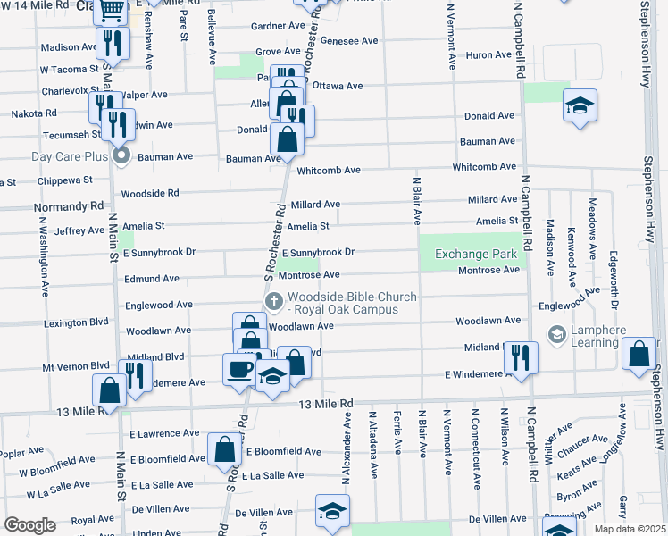 map of restaurants, bars, coffee shops, grocery stores, and more near 904 Montrose Avenue in Royal Oak