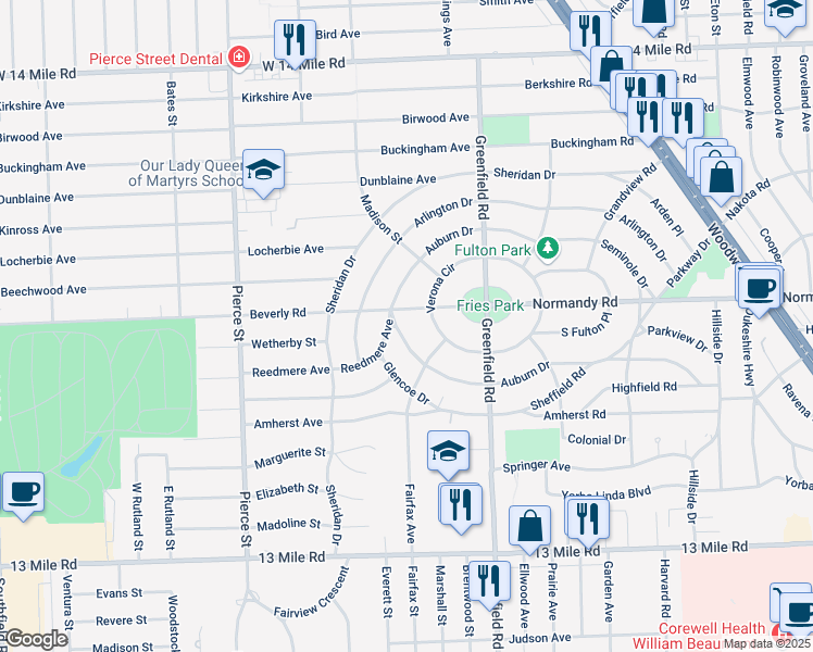 map of restaurants, bars, coffee shops, grocery stores, and more near 31702 Auburn Drive in Beverly Hills