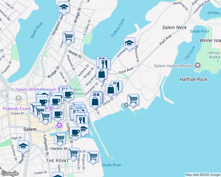 map of restaurants, bars, coffee shops, grocery stores, and more near 23 Carlton Street in Salem