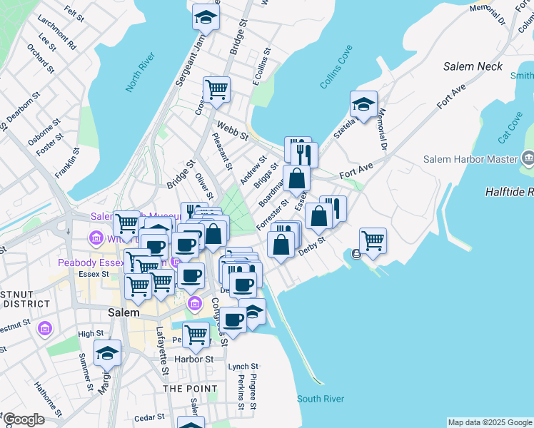 map of restaurants, bars, coffee shops, grocery stores, and more near 2 Forrester Street in Salem