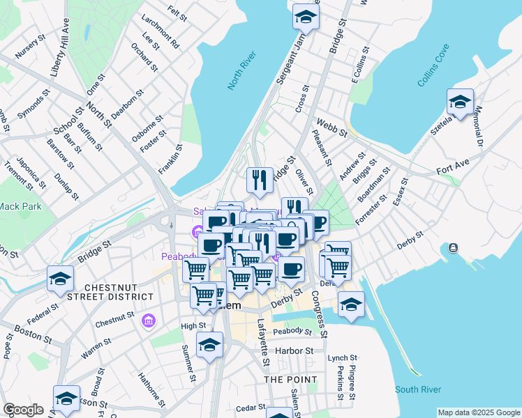 map of restaurants, bars, coffee shops, grocery stores, and more near 30 Saint Peter Street in Salem