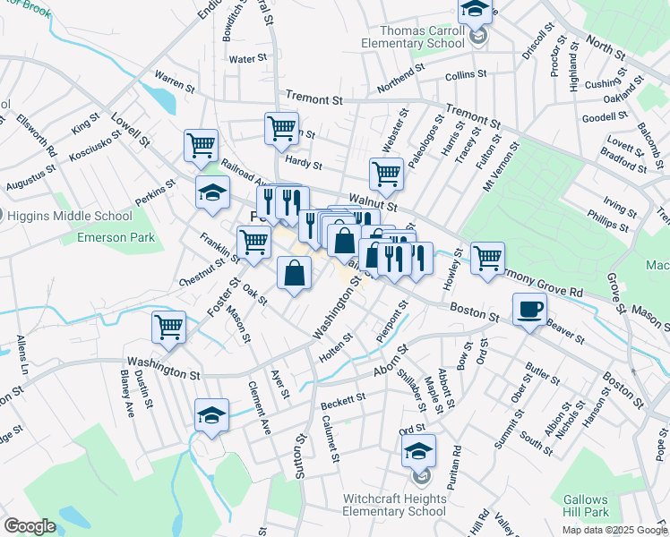 map of restaurants, bars, coffee shops, grocery stores, and more near 17R Washington Street in Peabody
